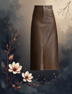 EandChic Brown Leather Midi Skirt